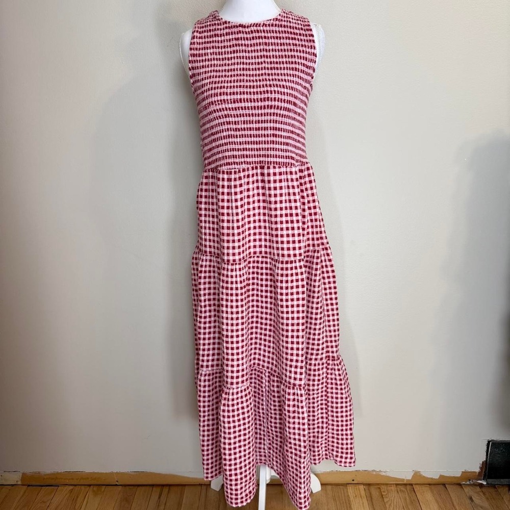 Gingham Tiered Smocked Maxi Dress Womens M Cottagecore Americana Retro